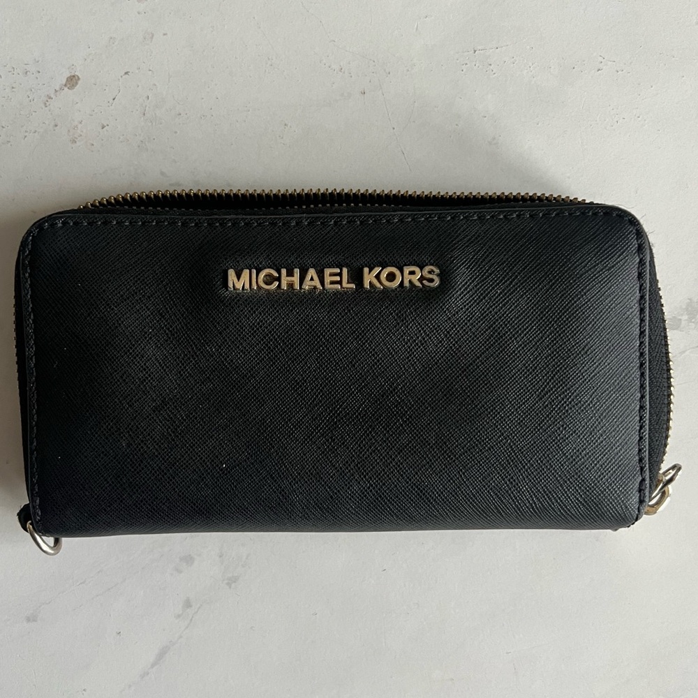 Michael Kors Black Leather Zip Wallet with Gold Logo
